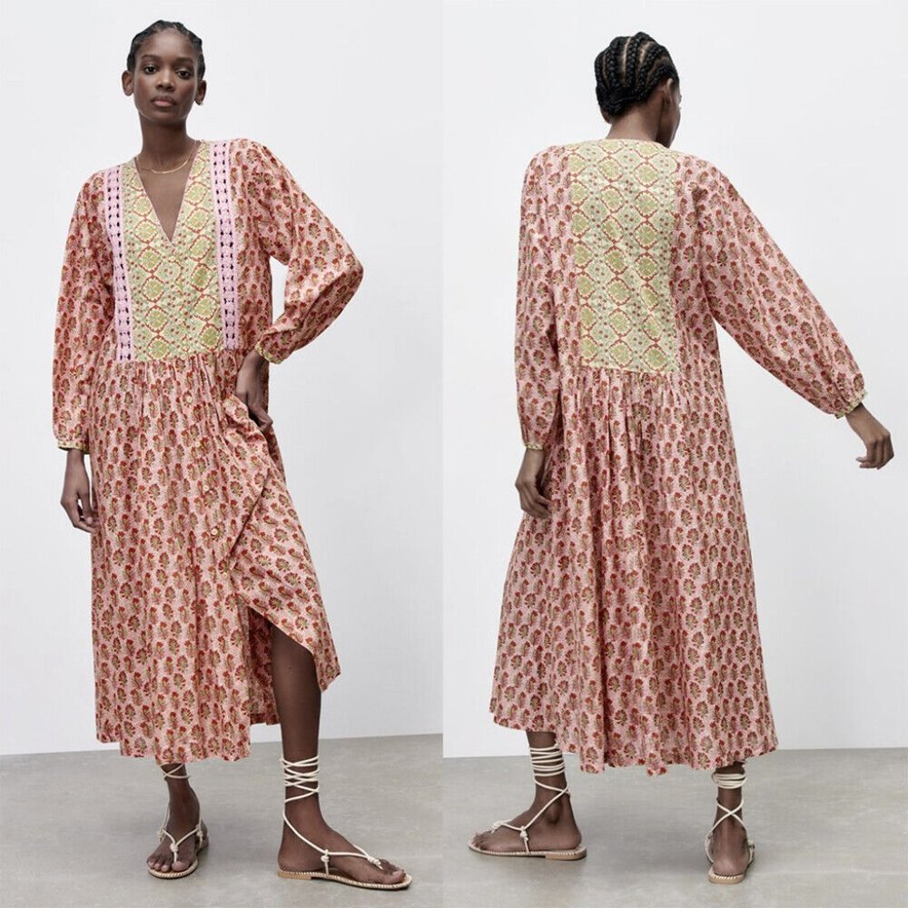 NEW ZARA crochet trim printed pale pink 5598 dress